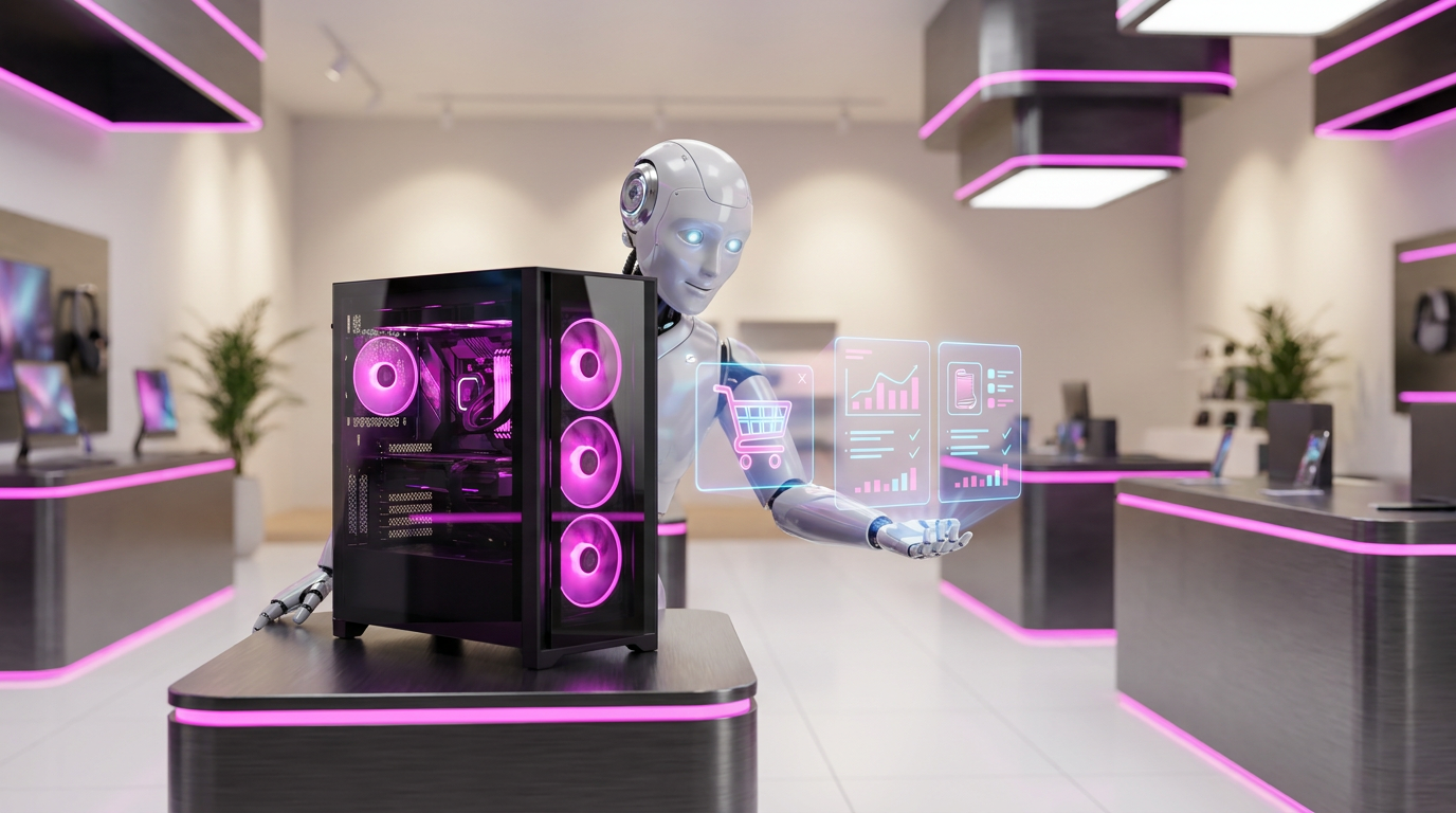 Robot assistente AI esamina un PC gaming con illuminazione RGB in uno showroom, proiettando un carrello olografico